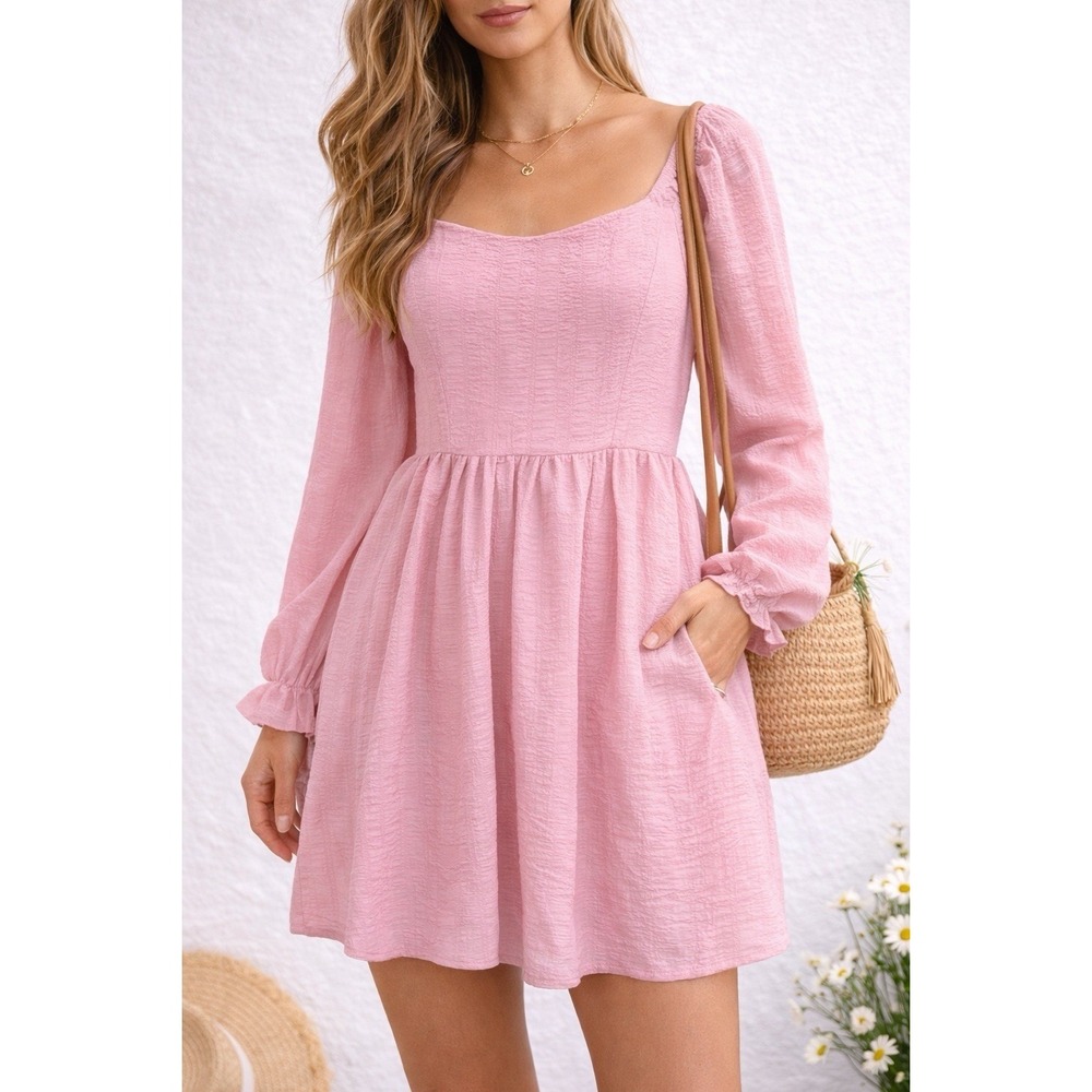 Altar'd State Mini Dress Women M Pink‎ Square Neck Balloon Sleeve Excellent